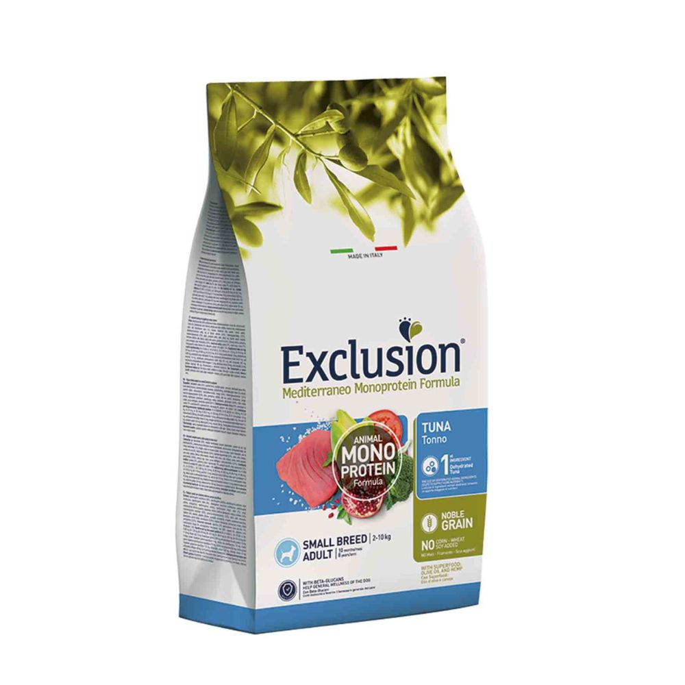 Exclusion Monoprotein Tuna Adult S 2kg | Potpuna hrana formulirana s jednim izvorom životinjskih proteina za odrasle pse malih pasmina.