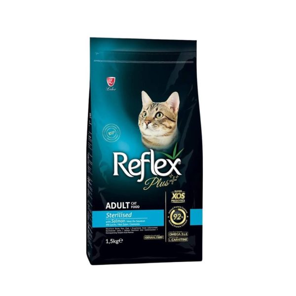 Reflex Plus Adult Sterilised 1.5kg | nudi ukusan okus piletine koji mačke obožavaju. Bogat je vitaminima, mineralima, prebioticima i antioksidansima, te je super premium hrana s kompletnom i uravnoteženom formulom pogodnom za sve pasmine starije od 12 mjeseci.